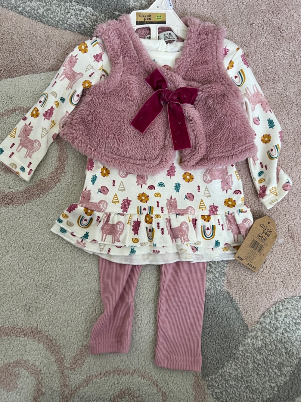 chick pea Pink Unicorn Tunic Set with Plush Vest and Leggings